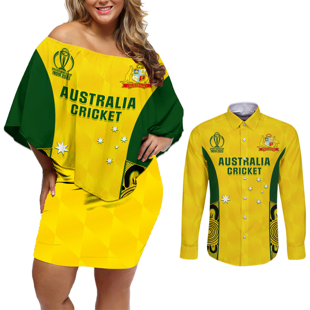 Australia Cricket Couples Matching Off Shoulder Short Dress and Long Sleeve Button Shirt World Cup Go Champions 2023 Indigenous - Wonder Print Shop