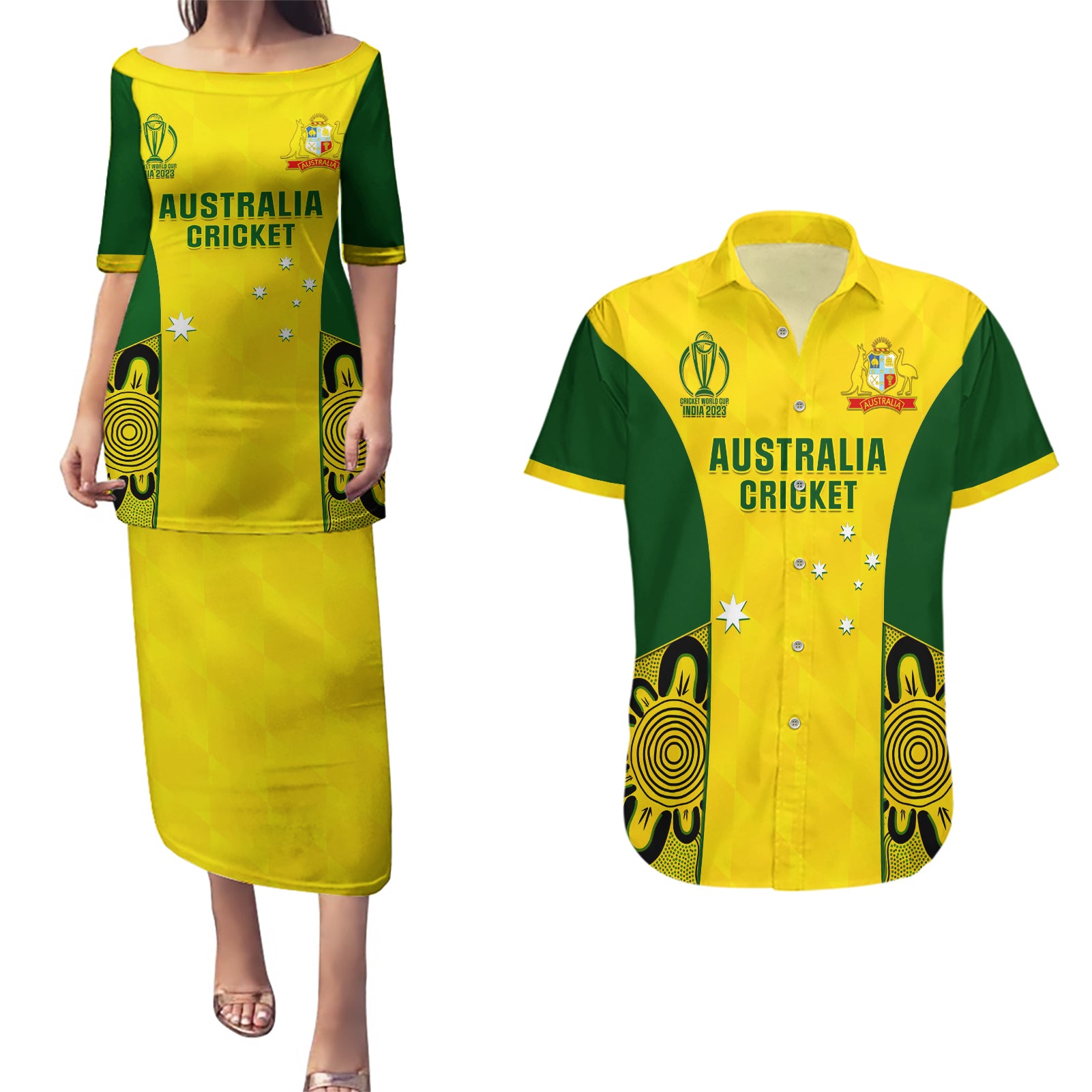 Australia Cricket Couples Matching Puletasi Dress and Hawaiian Shirt World Cup Go Champions 2023 Indigenous - Wonder Print Shop