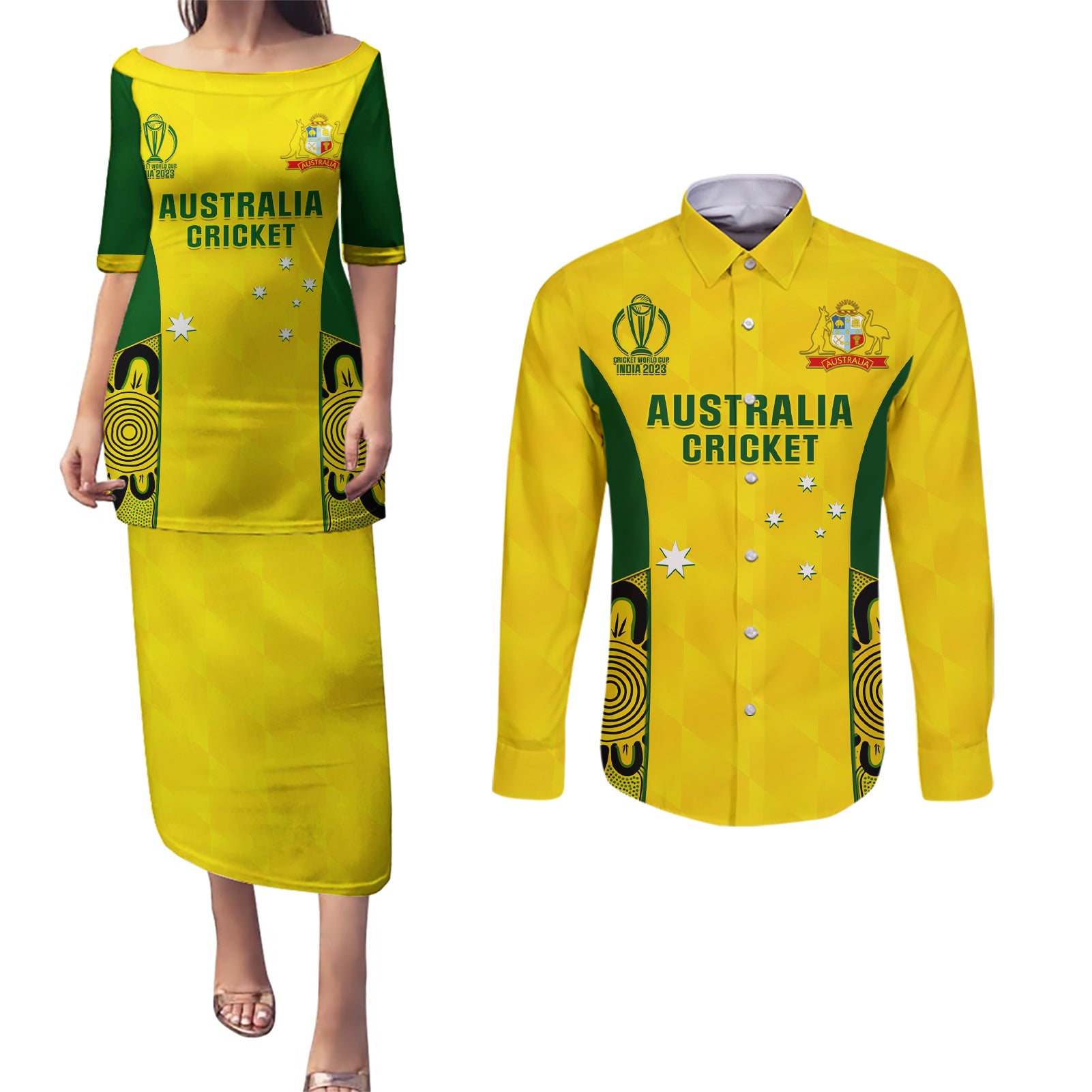 Australia Cricket Couples Matching Puletasi Dress and Long Sleeve Button Shirt World Cup Go Champions 2023 Indigenous - Wonder Print Shop