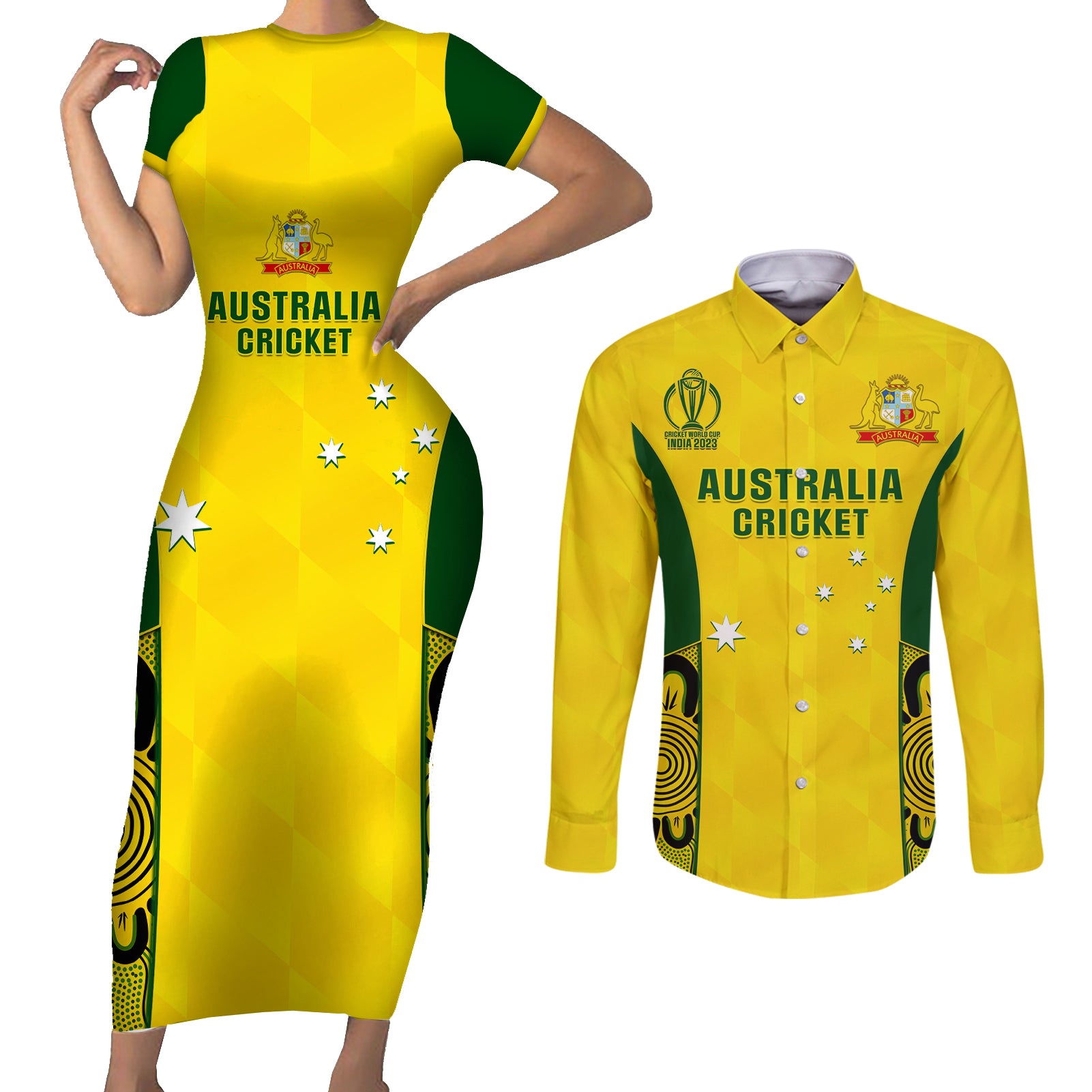 Australia Cricket Couples Matching Short Sleeve Bodycon Dress and Long Sleeve Button Shirt World Cup Go Champions 2023 Indigenous - Wonder Print Shop