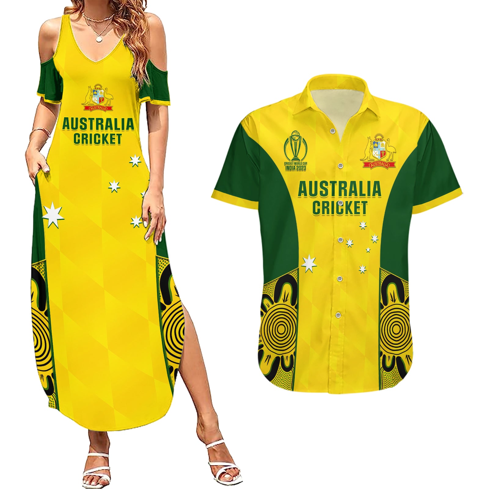 Australia Cricket Couples Matching Summer Maxi Dress and Hawaiian Shirt World Cup Go Champions 2023 Indigenous - Wonder Print Shop