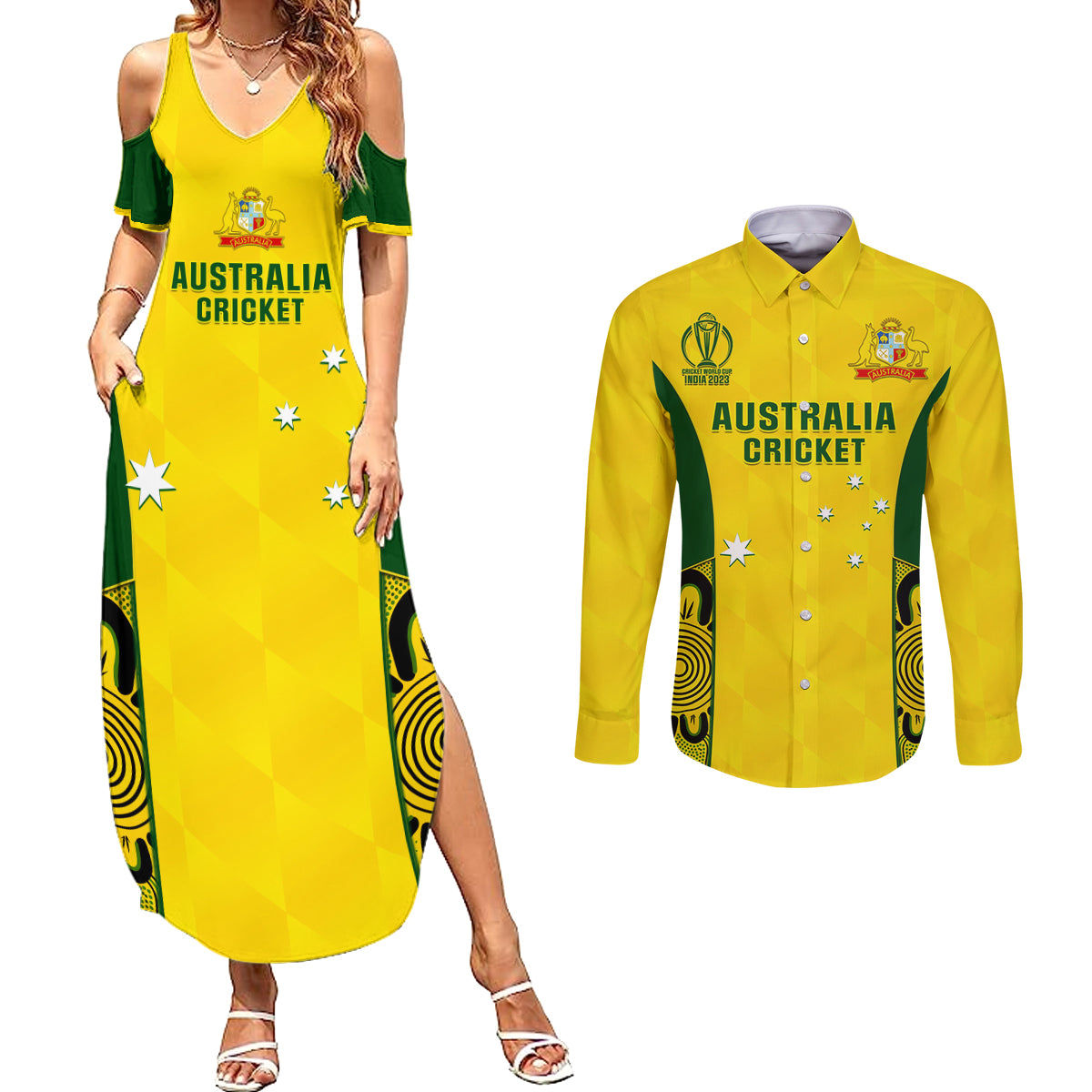 Australia Cricket Couples Matching Summer Maxi Dress and Long Sleeve Button Shirt World Cup Go Champions 2023 Indigenous - Wonder Print Shop