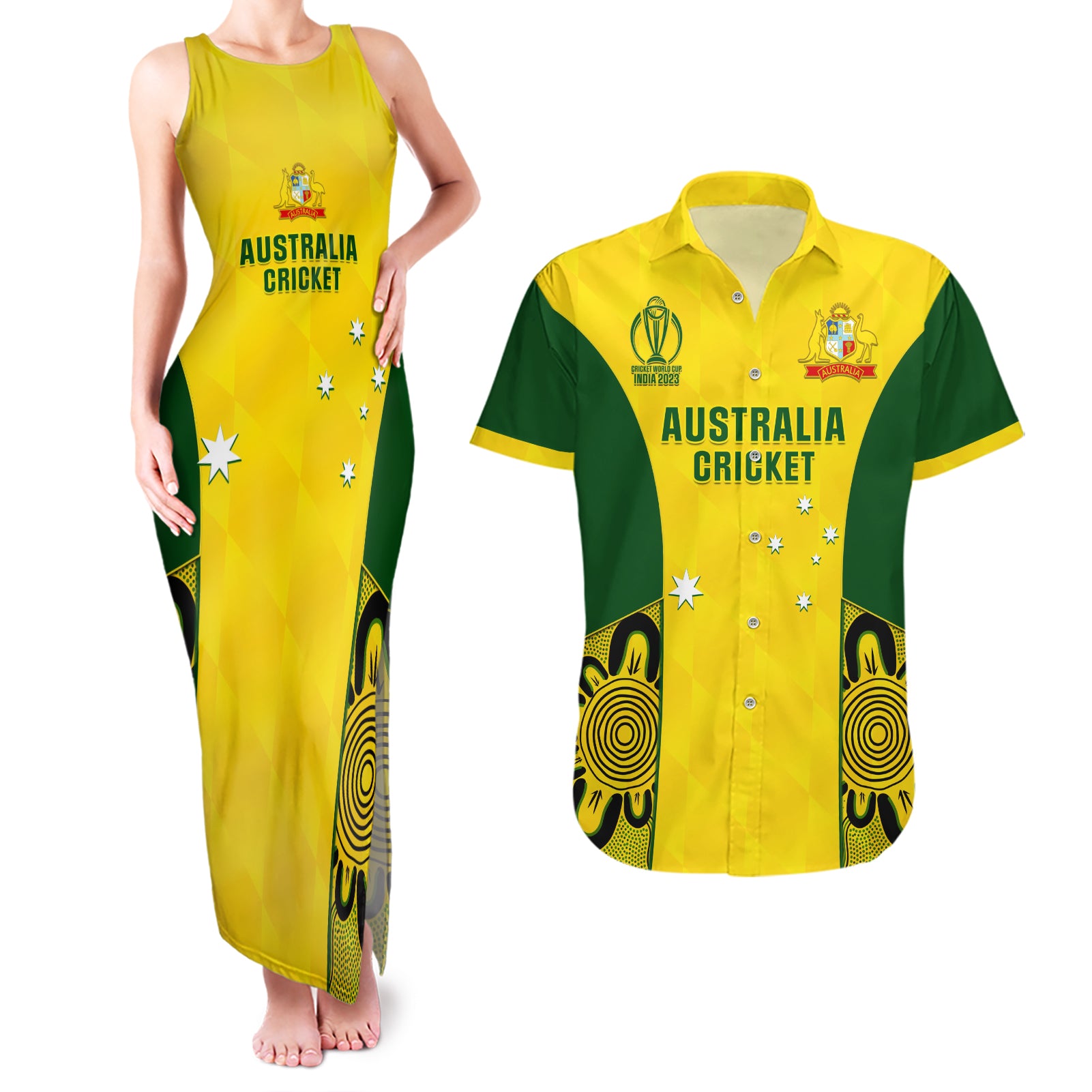 Australia Cricket Couples Matching Tank Maxi Dress and Hawaiian Shirt World Cup Go Champions 2023 Indigenous - Wonder Print Shop