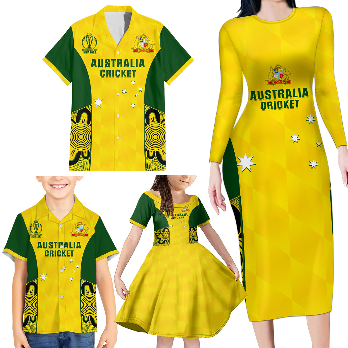 Australia Cricket Family Matching Long Sleeve Bodycon Dress and Hawaiian Shirt World Cup Go Champions 2023 Indigenous - Wonder Print Shop