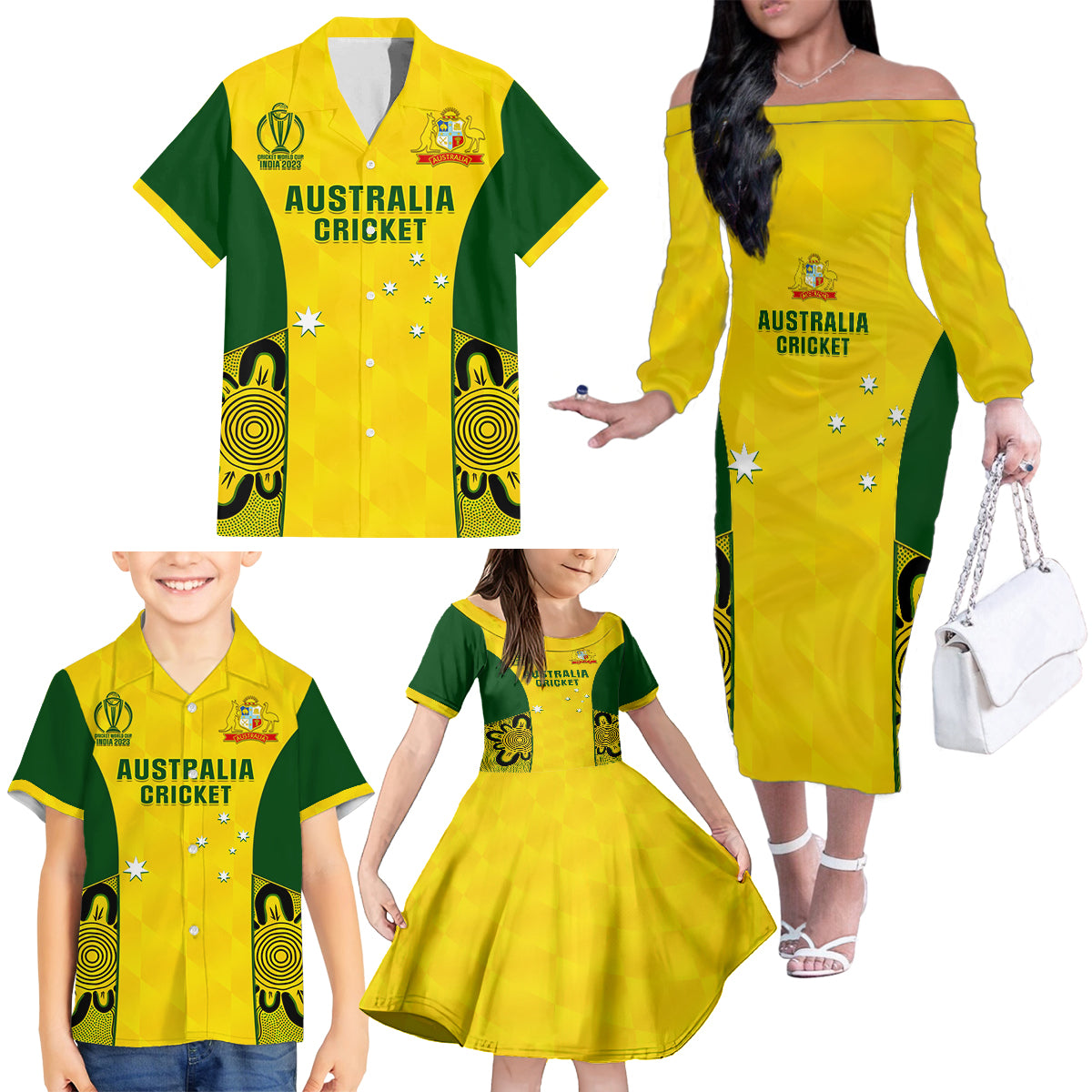 Australia Cricket Family Matching Off Shoulder Long Sleeve Dress and Hawaiian Shirt World Cup Go Champions 2023 Indigenous - Wonder Print Shop