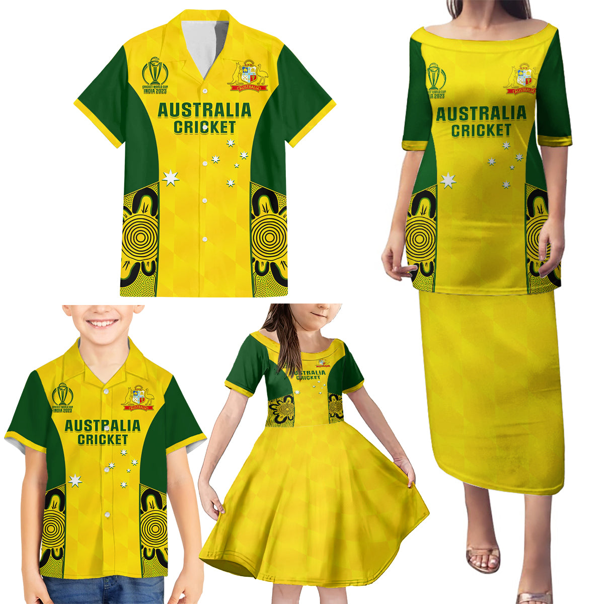 Australia Cricket Family Matching Puletasi Dress and Hawaiian Shirt World Cup Go Champions 2023 Indigenous - Wonder Print Shop