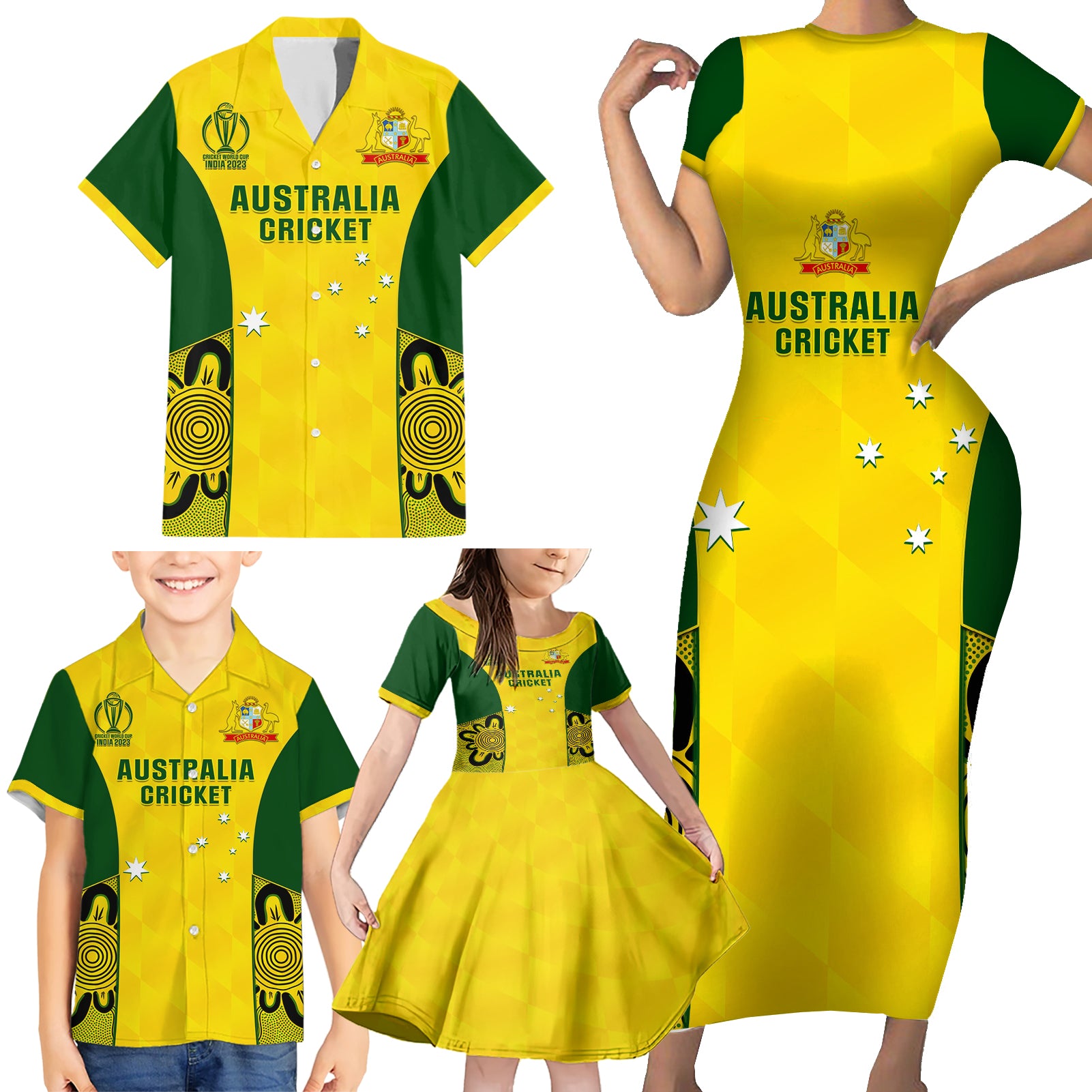 Australia Cricket Family Matching Short Sleeve Bodycon Dress and Hawaiian Shirt World Cup Go Champions 2023 Indigenous - Wonder Print Shop