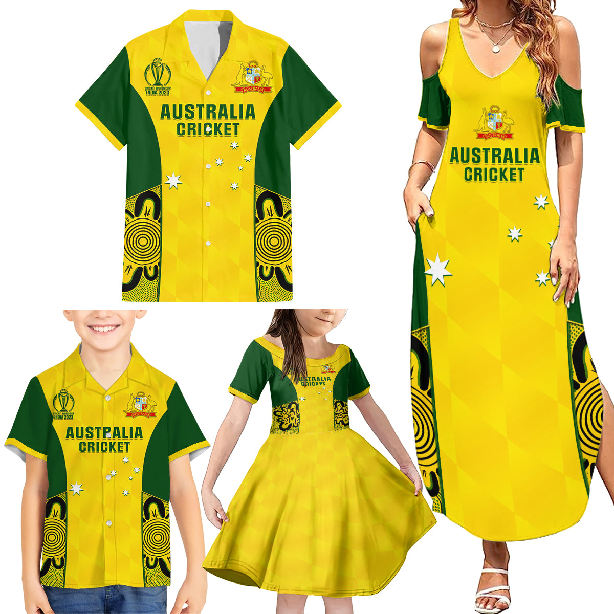 Australia Cricket Family Matching Summer Maxi Dress and Hawaiian Shirt World Cup Go Champions 2023 Indigenous - Wonder Print Shop