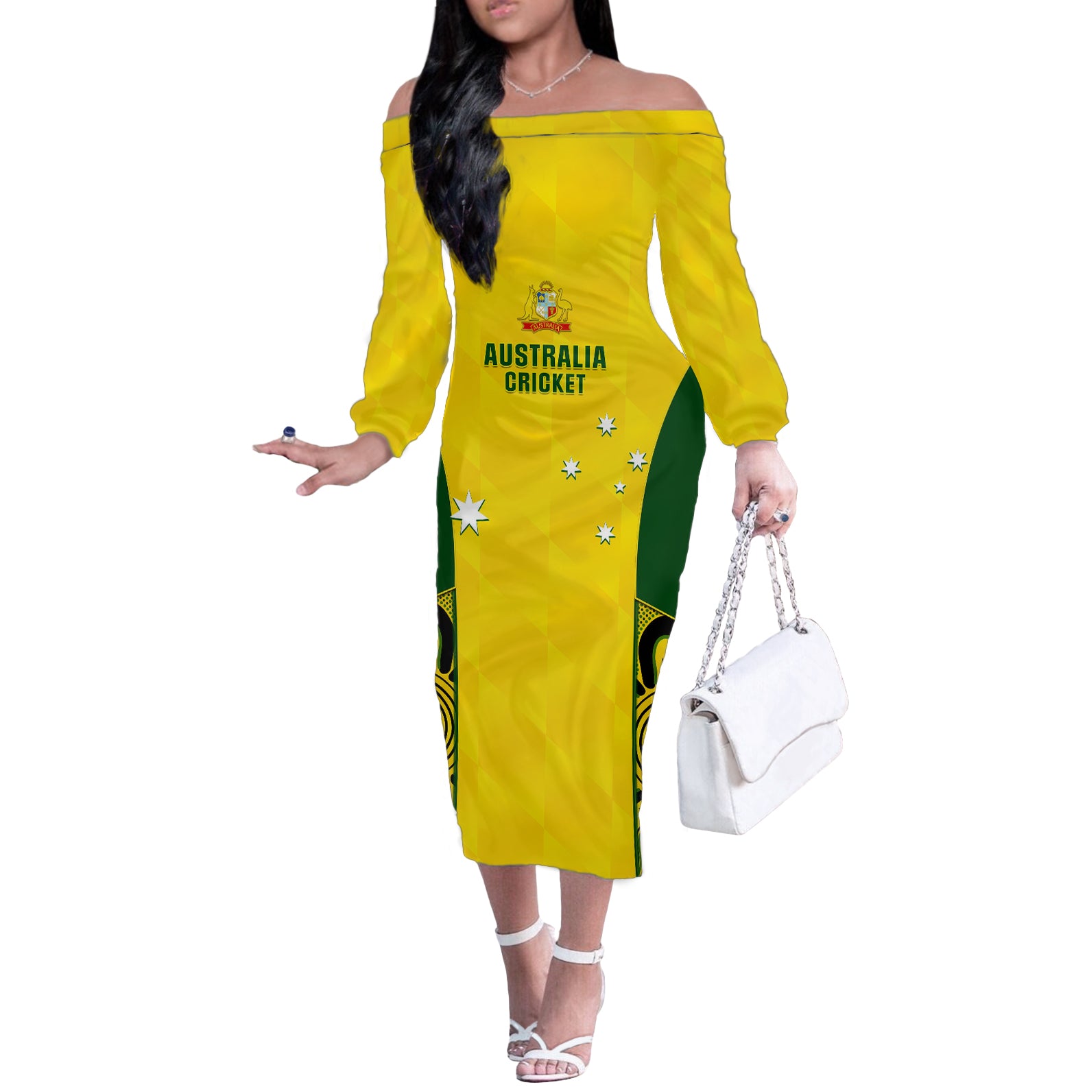 Australia Cricket Off The Shoulder Long Sleeve Dress World Cup Go Champions 2023 Indigenous - Wonder Print Shop