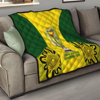 Australia cricket quilt draped over a sofa, green-and-yellow chevron with trophy and emblems