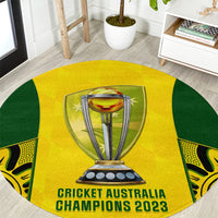 Yellow round cricket champions rug with green panels and trophy graphic
