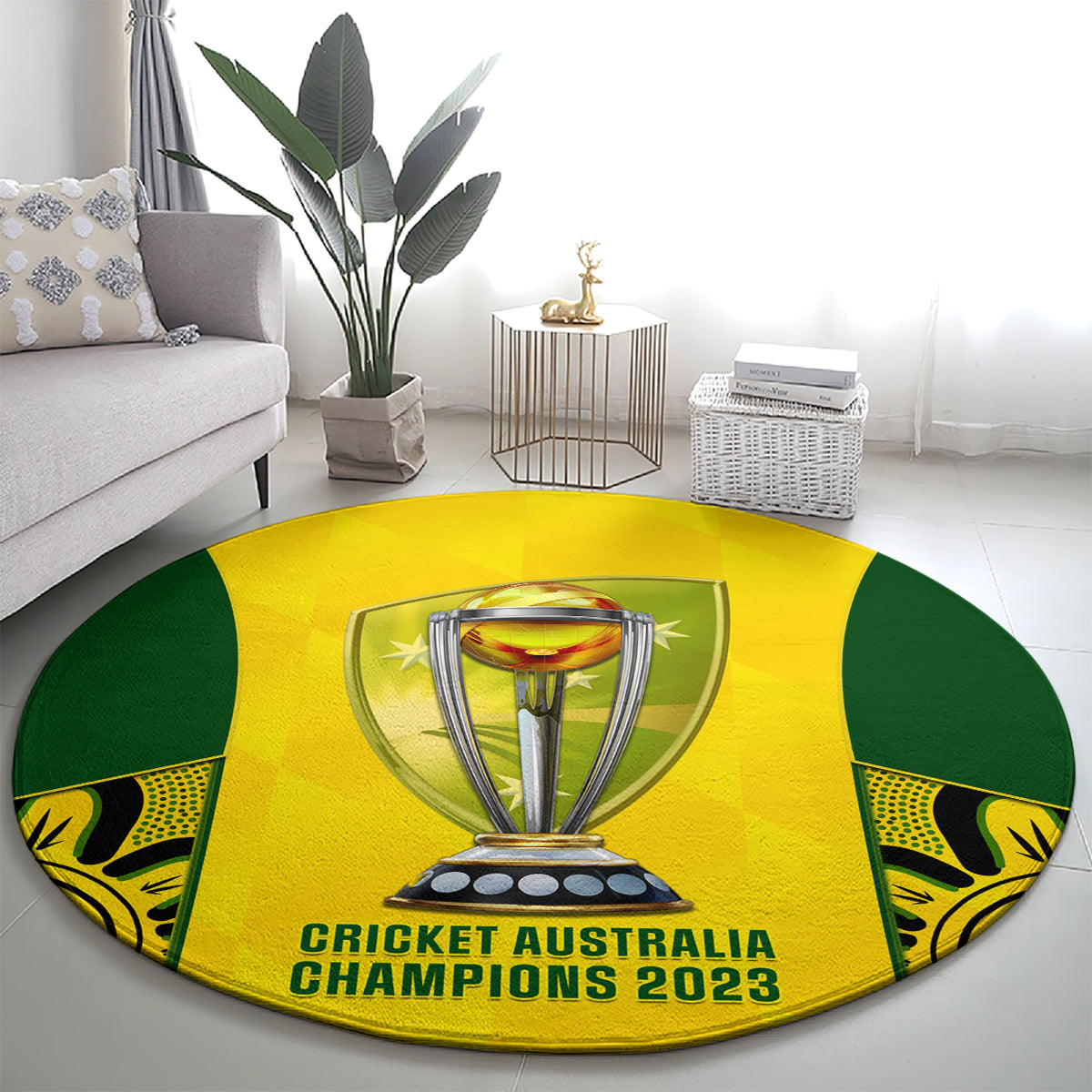Round yellow cricket champions rug with central trophy, green outer arcs, side icons