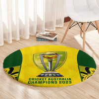 Yellow round cricket champions rug with central trophy graphic and curved text