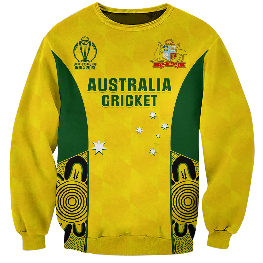 Yellow crewneck sweatshirt with Australia Cricket front graphic and Indigenous artwork sleeves