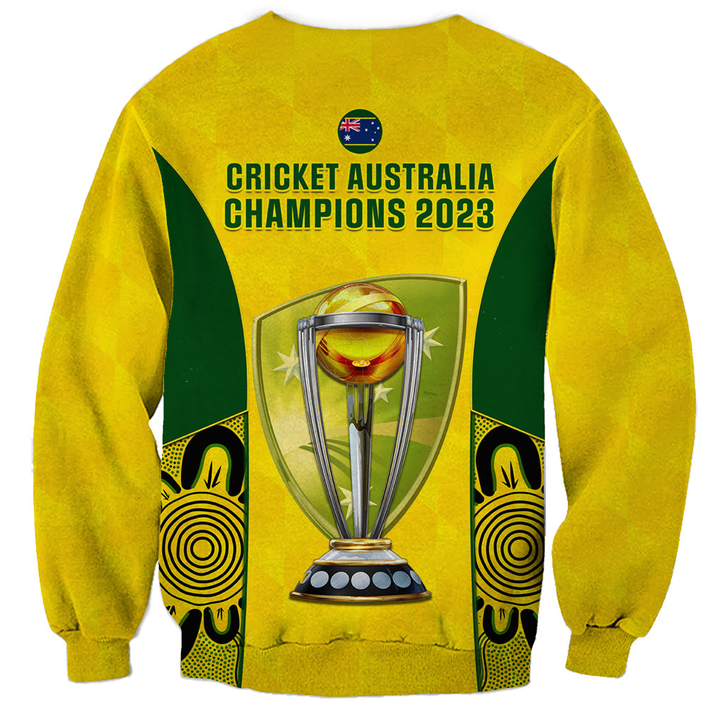 Yellow crewneck sweatshirt with Cricket Australia Champions 2023 trophy back graphic