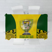 Yellow and green cricket champions tablecloth with trophy logo and aboriginal patterns