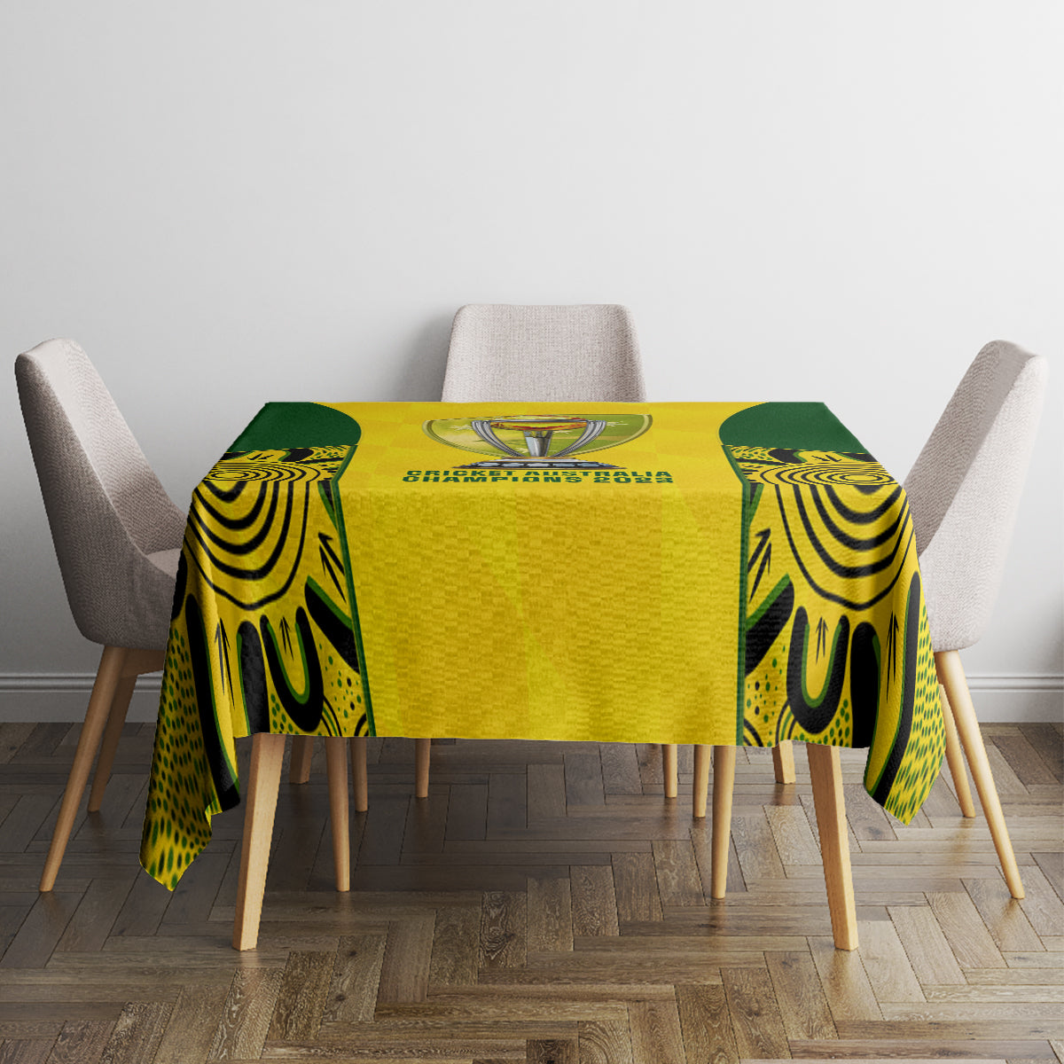 Yellow and green cricket celebration tablecloth with centered trophy print and patterned corners