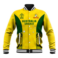 Yellow baseball jacket with green side panels, striped collar, snap front, ribbed cuffs