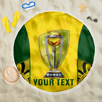 Yellow and green round beach blanket with trophy graphic and custom text, white fringe trim