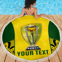 Round yellow-green beach blanket with trophy and custom text, white fringe edge