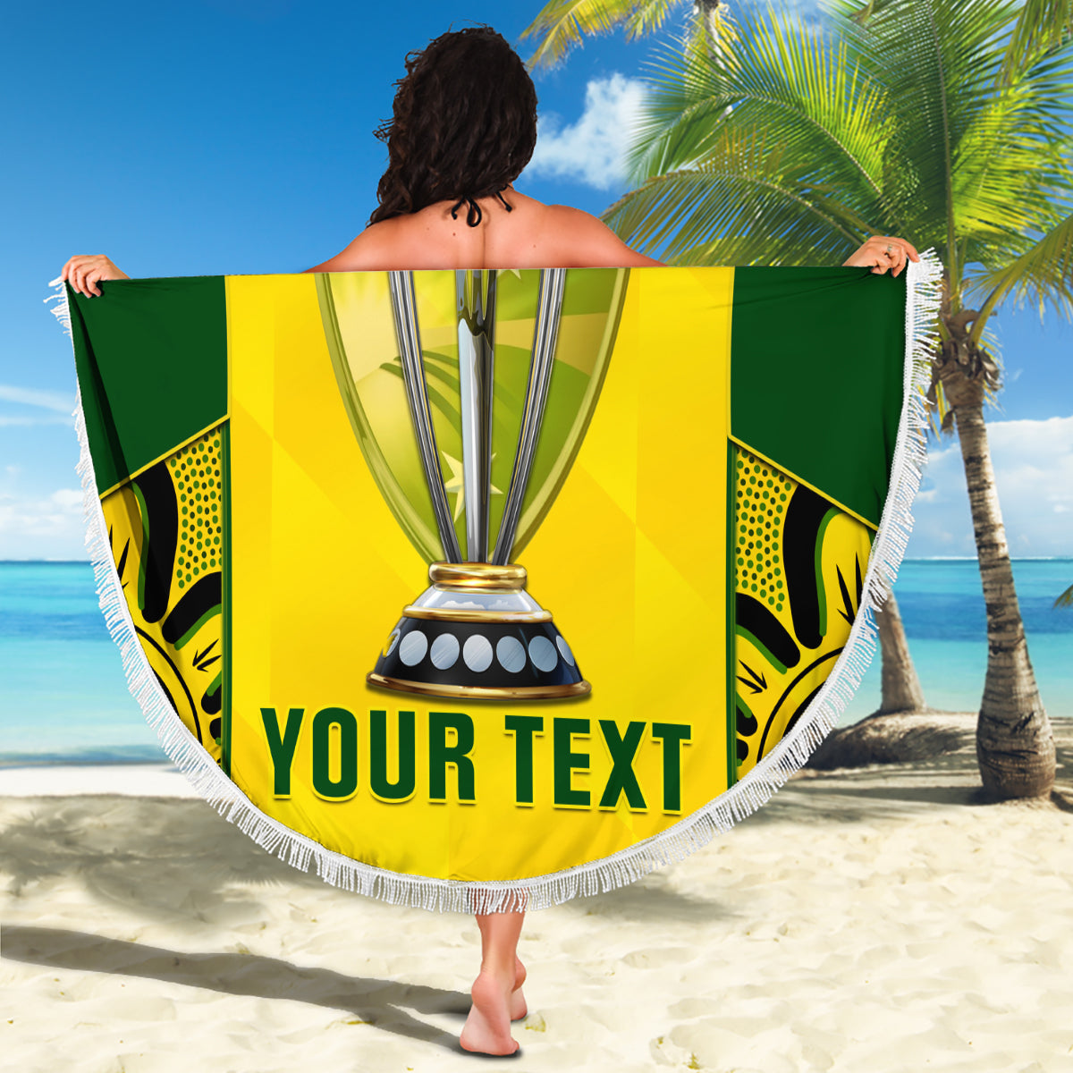 Round yellow-green beach blanket with trophy and custom text, held open with white fringe