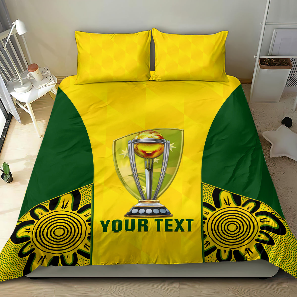 Yellow and green bedding set with two pillows and central trophy with "YOUR TEXT" text