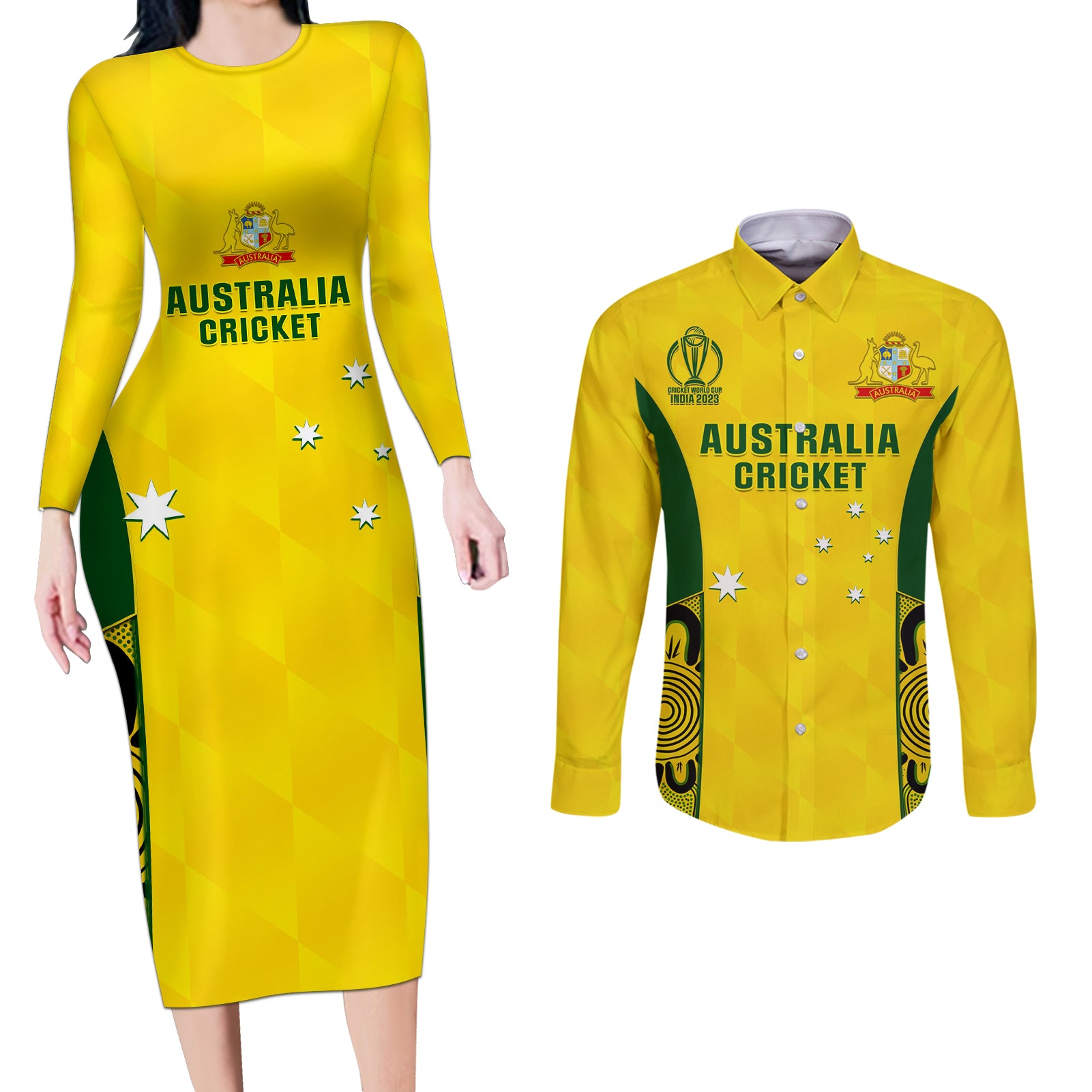 Custom Australia Cricket Couples Matching Long Sleeve Bodycon Dress and Long Sleeve Button Shirt World Cup Go Champions 2023 Indigenous - Wonder Print Shop