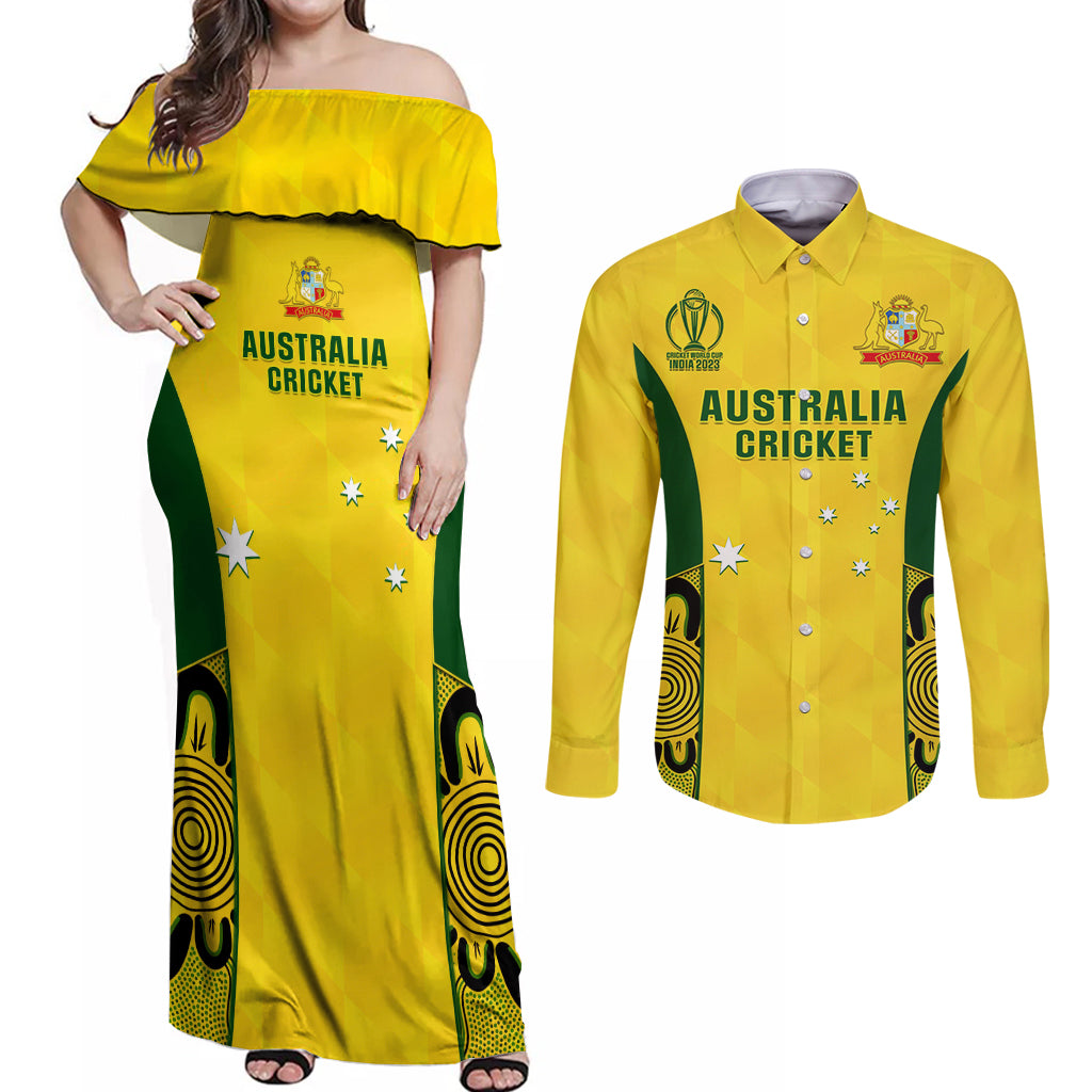 Custom Australia Cricket Couples Matching Off Shoulder Maxi Dress and Long Sleeve Button Shirt World Cup Go Champions 2023 Indigenous - Wonder Print Shop