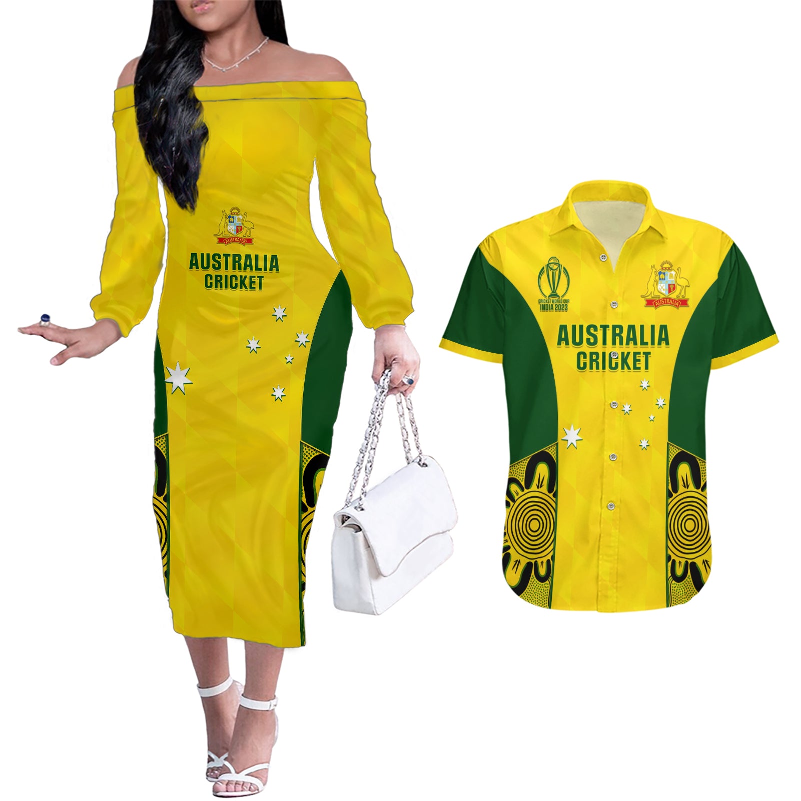 Custom Australia Cricket Couples Matching Off The Shoulder Long Sleeve Dress and Hawaiian Shirt World Cup Go Champions 2023 Indigenous - Wonder Print Shop