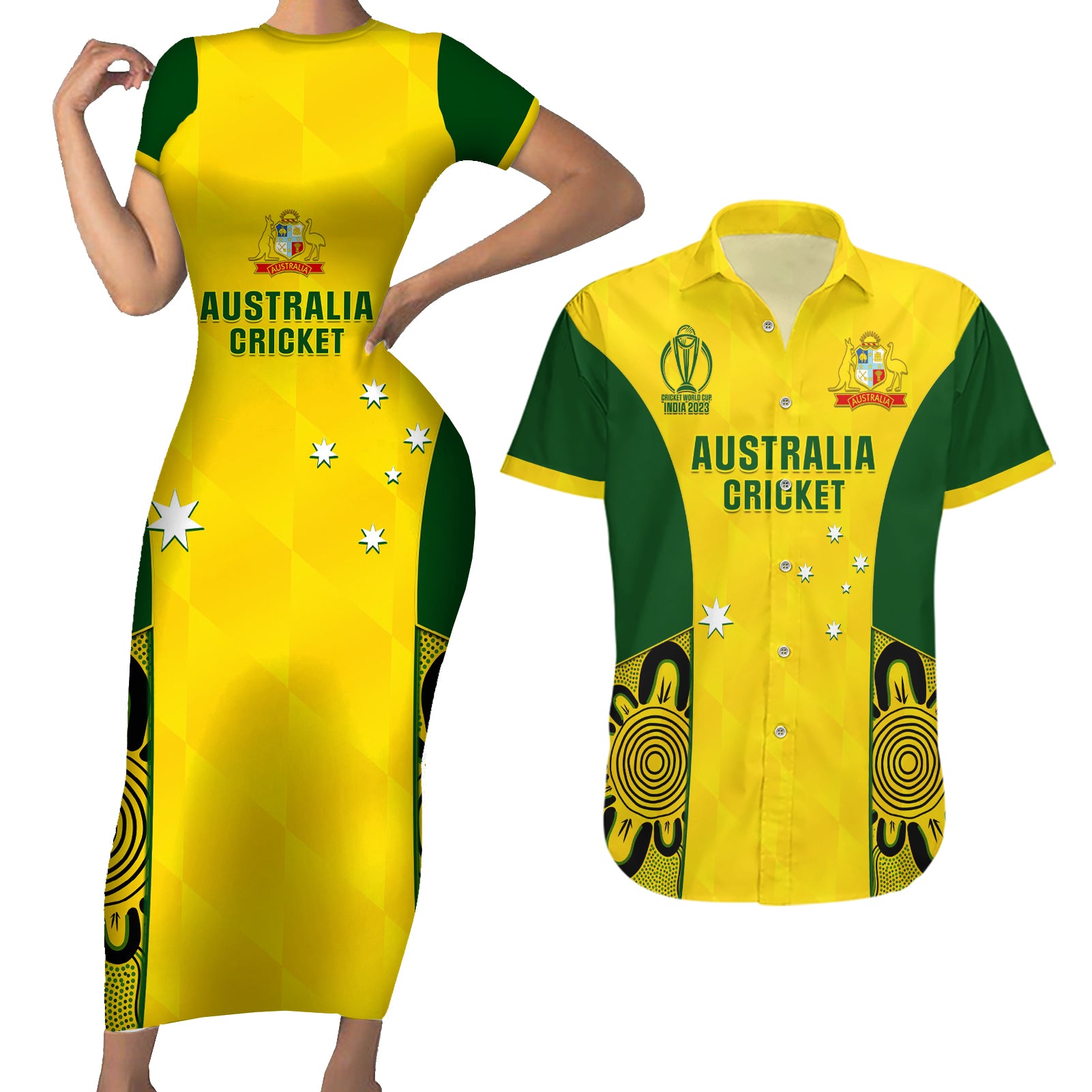 Custom Australia Cricket Couples Matching Short Sleeve Bodycon Dress and Hawaiian Shirt World Cup Go Champions 2023 Indigenous - Wonder Print Shop