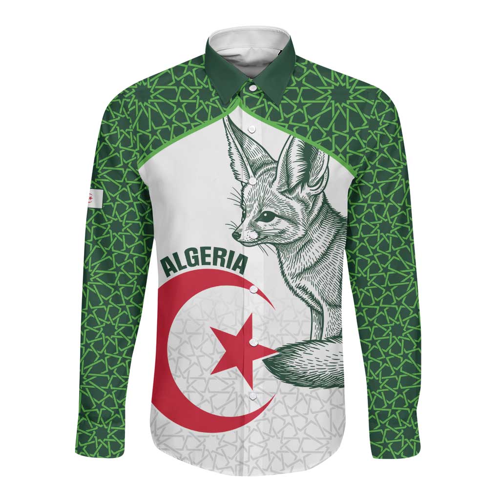 Custom Algeria Football Long Sleeve Button Shirt 2026 Go Greens Fennec With Islamic Pattern - Wonder Print Shop