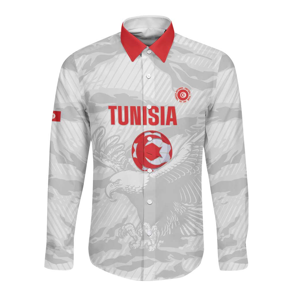 Custom Tunisia Football Long Sleeve Button Shirt 2026 Eagles of Carthage White Grunge - Wonder Print Shop