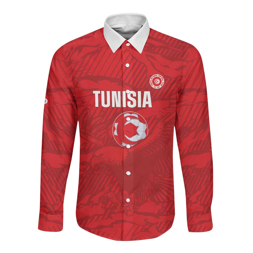Custom Tunisia Football Long Sleeve Button Shirt 2026 Eagles of Carthage Red Grunge - Wonder Print Shop