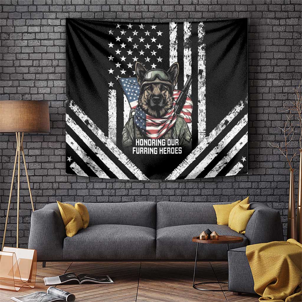 Black dog-themed Veterans Day tapestry with stars, stripes, and “Honoring our Furring Heroes”