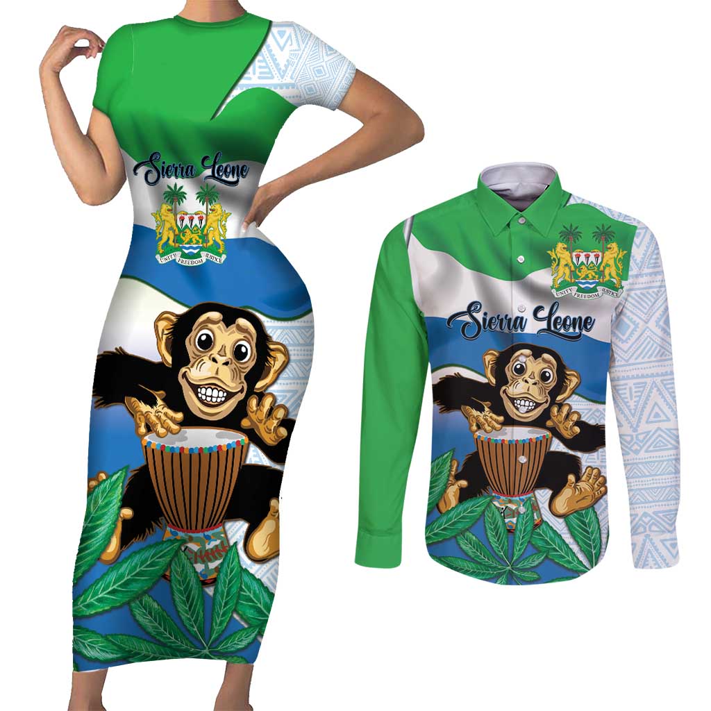 Personalised Sierra Leone Independence Day Couples Matching Short Sleeve Bodycon Dress and Long Sleeve Button Shirt Funny Chimpanzee With Drum