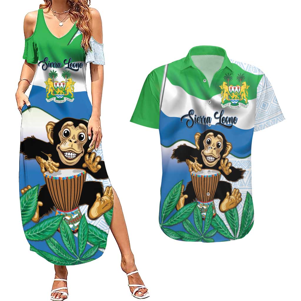 Personalised Sierra Leone Independence Day Couples Matching Summer Maxi Dress and Hawaiian Shirt Funny Chimpanzee With Drum