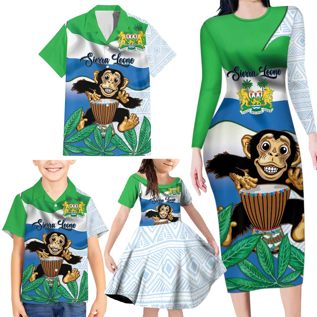 Personalised Sierra Leone Independence Day Family Matching Long Sleeve Bodycon Dress and Hawaiian Shirt Funny Chimpanzee With Drum