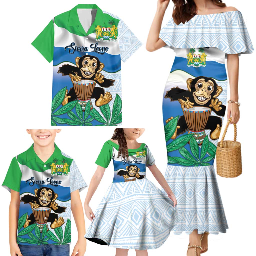 Personalised Sierra Leone Independence Day Family Matching Mermaid Dress and Hawaiian Shirt Funny Chimpanzee With Drum