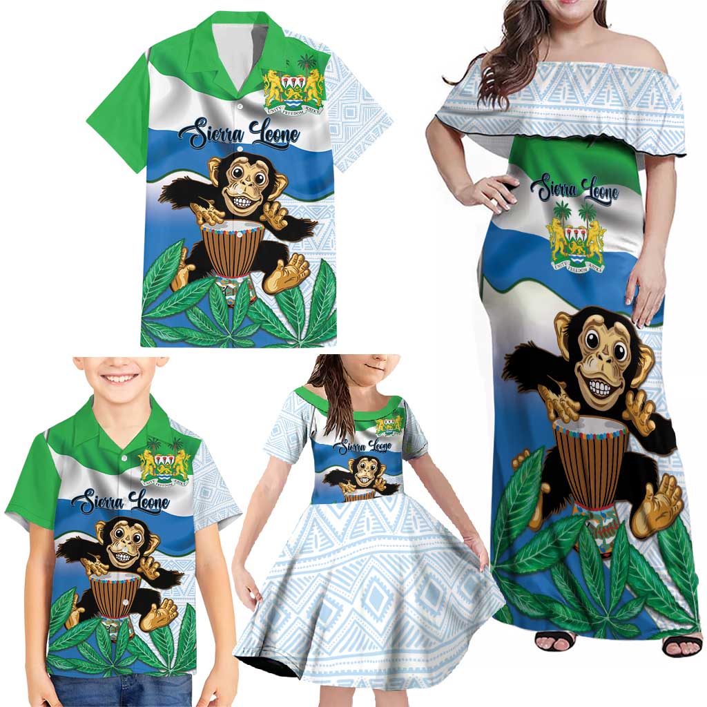 Personalised Sierra Leone Independence Day Family Matching Off Shoulder Maxi Dress and Hawaiian Shirt Funny Chimpanzee With Drum