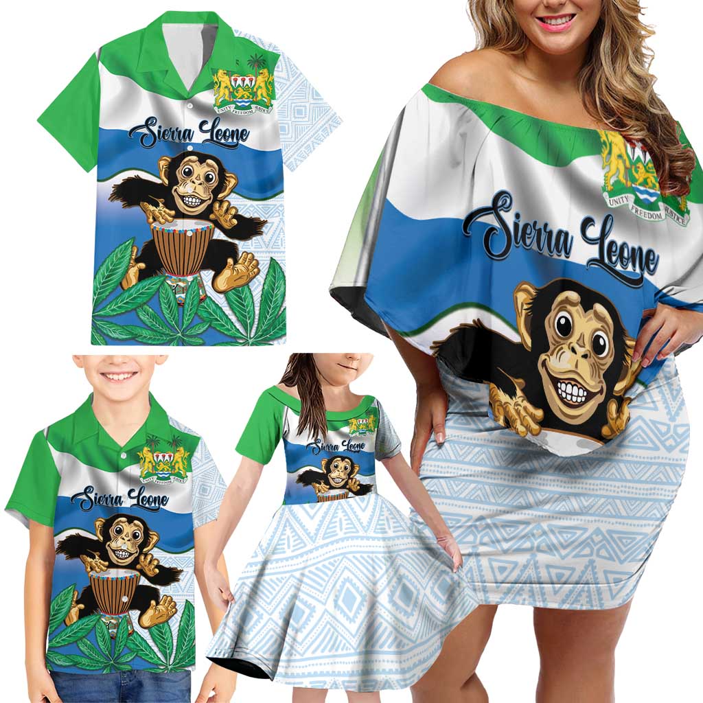 Personalised Sierra Leone Independence Day Family Matching Off Shoulder Short Dress and Hawaiian Shirt Funny Chimpanzee With Drum