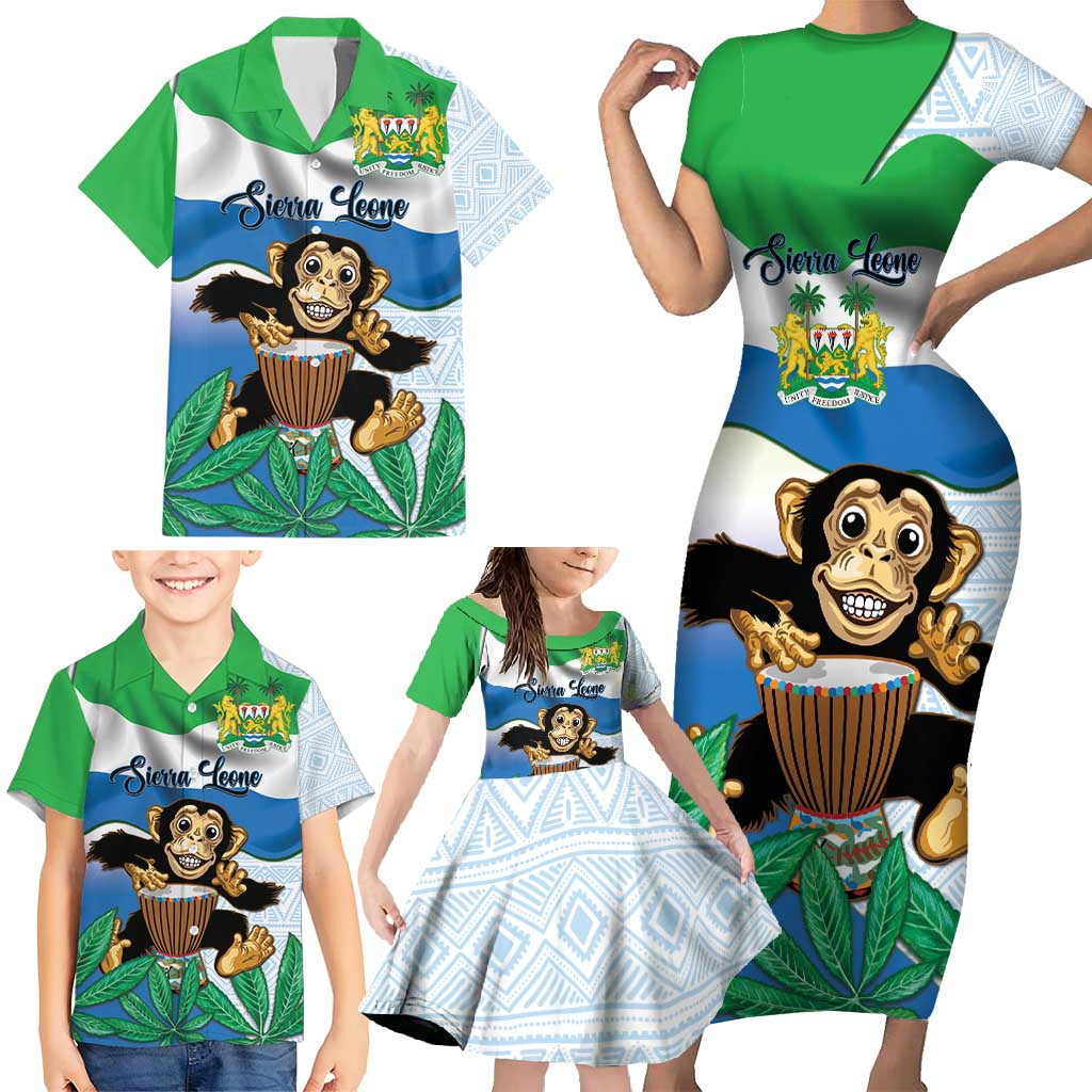 Personalised Sierra Leone Independence Day Family Matching Short Sleeve Bodycon Dress and Hawaiian Shirt Funny Chimpanzee With Drum