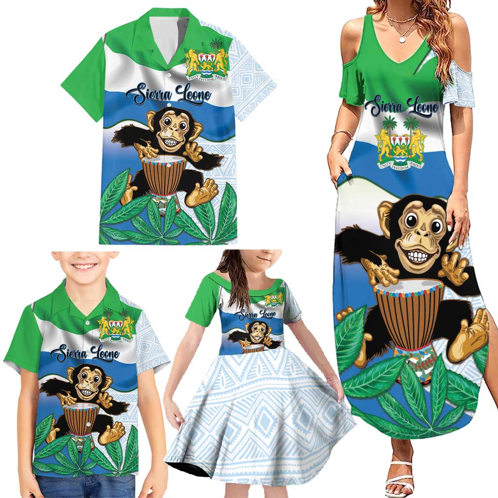 Personalised Sierra Leone Independence Day Family Matching Summer Maxi Dress and Hawaiian Shirt Funny Chimpanzee With Drum