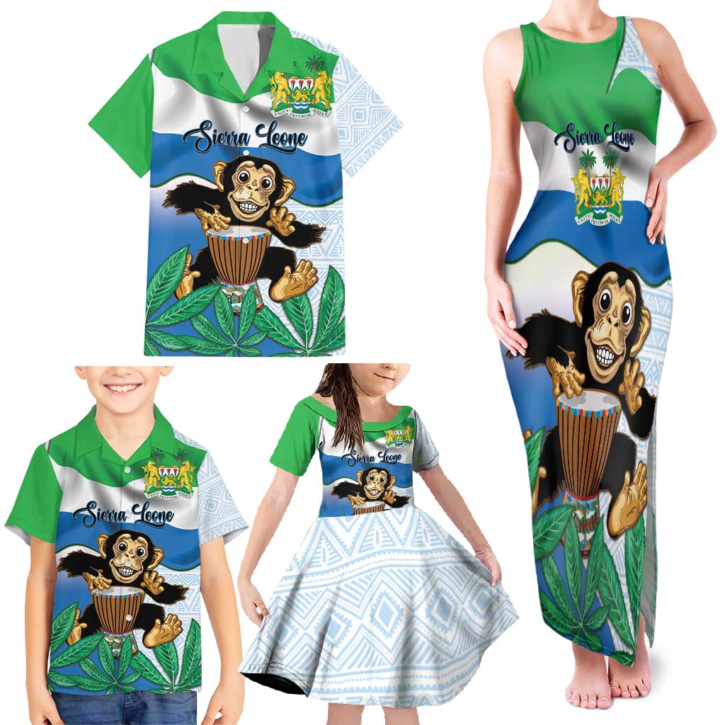 Personalised Sierra Leone Independence Day Family Matching Tank Maxi Dress and Hawaiian Shirt Funny Chimpanzee With Drum