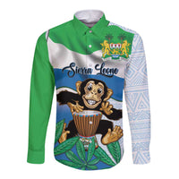Green long-sleeve button shirt with chimpanzee drummer graphic and Sierra Leone text