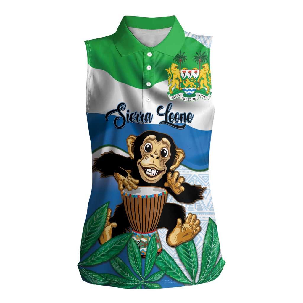 Personalised Sierra Leone Independence Day Women Sleeveless Polo Shirt Funny Chimpanzee With Drum