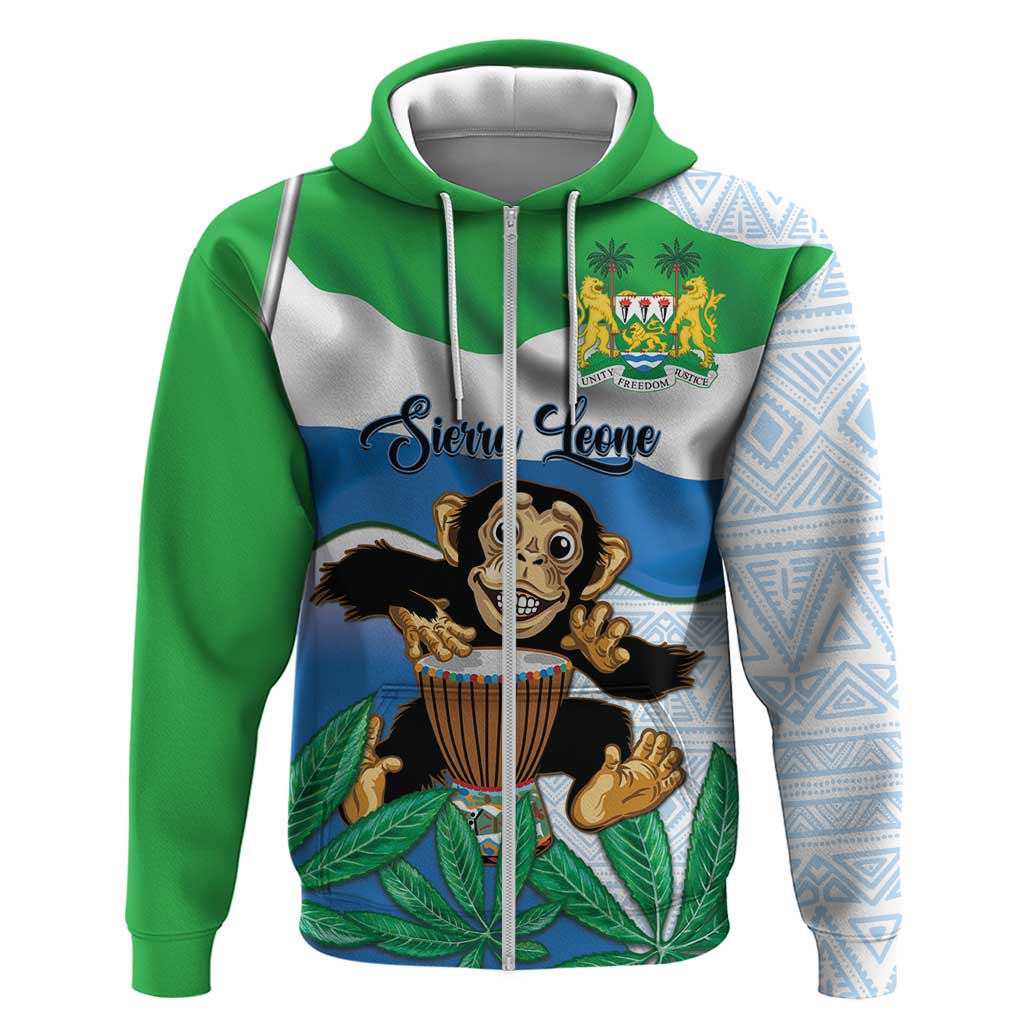 Personalised Sierra Leone Independence Day Zip Hoodie Funny Chimpanzee With Drum