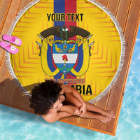 Yellow Colombia football beach blanket with fringe, crest centerpiece and custom text