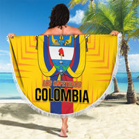 Yellow Colombia beach blanket with fringe, crest and LOS CAFETEROS COLOMBIA held outdoors