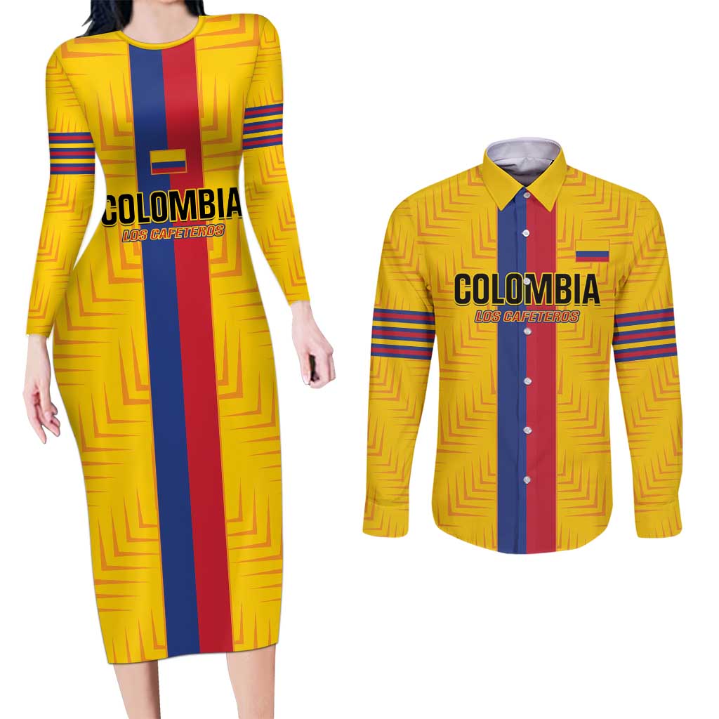 Custom Colombia Football Couples Matching Long Sleeve Bodycon Dress and Long Sleeve Button Shirt Vamos Los Cafeteros