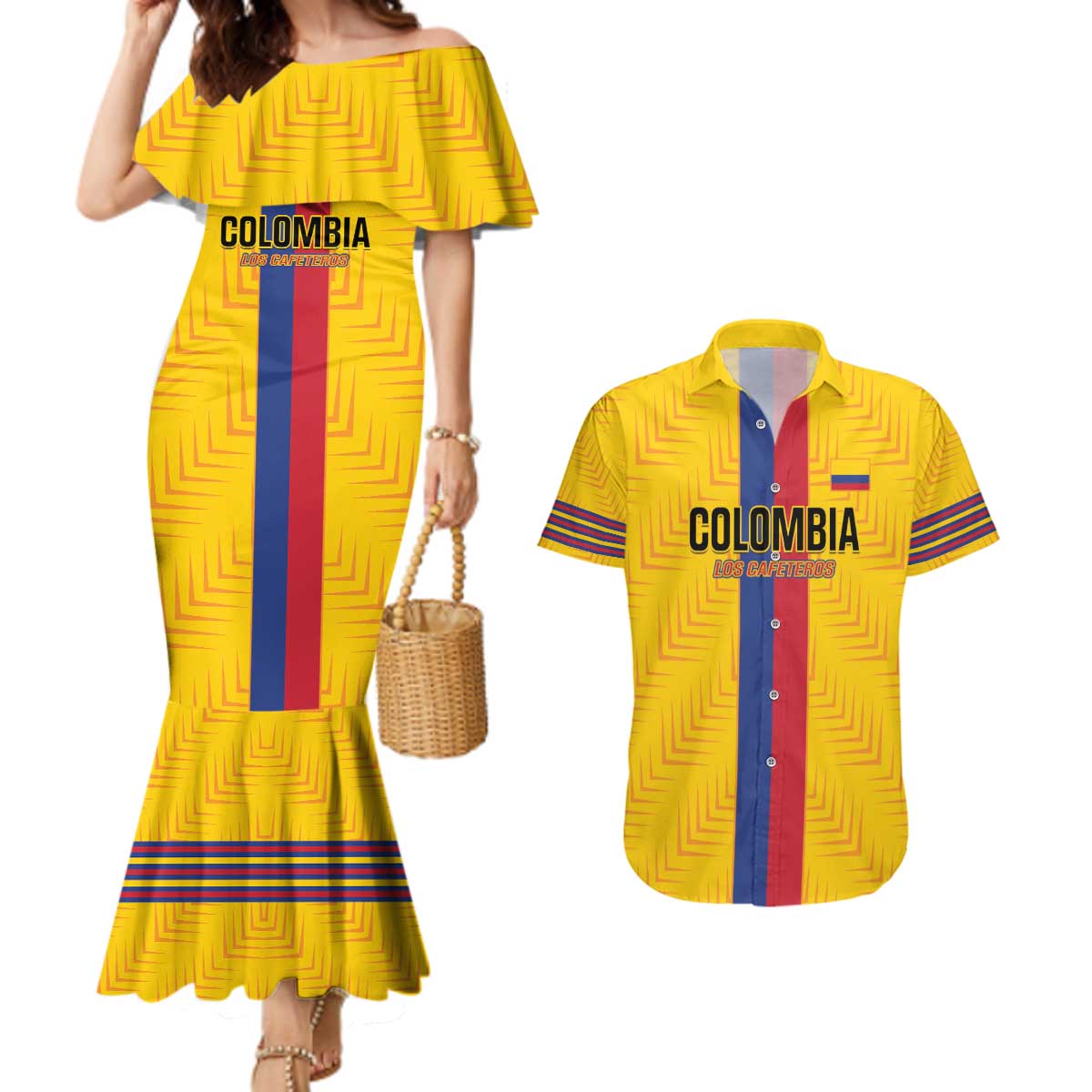 Custom Colombia Football Couples Matching Mermaid Dress and Hawaiian Shirt Vamos Los Cafeteros